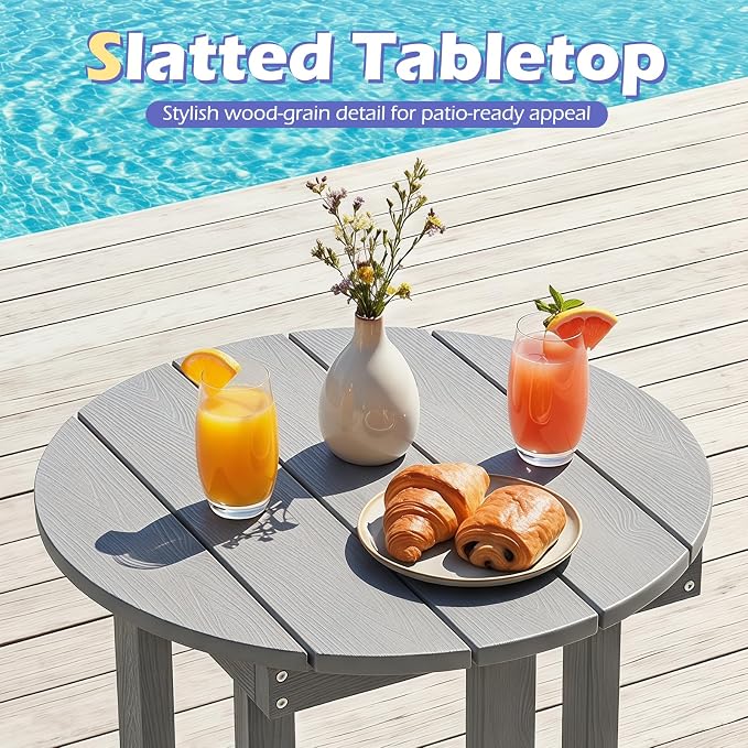 Tangkula Round Outdoor Side Table Set of 2, Adirondack Side Table with Weather-Resistant, Waterproof Top, Small Outside End Table for Patio Deck Pool Porch, Easy Maintenance (Grey,2)