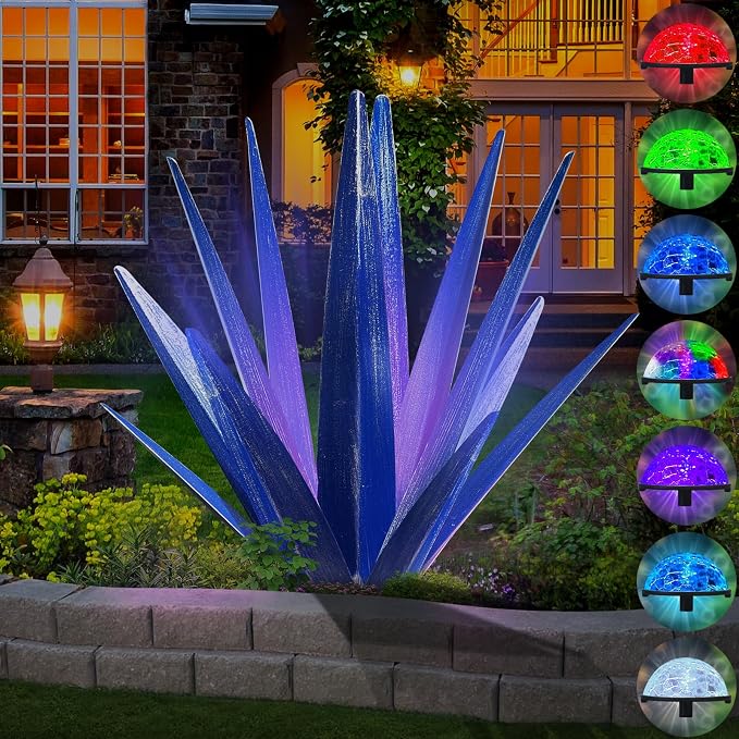 KODIBO Large Metal Agave Plant Outdoor Decor with Solar Light, Dark Blue | IP65 Waterproof Solar Light, Rust-Resistant Metal,Tequila Rustic Sculpture, Outdoor Garden Decor, Gifts for Garden Lovers