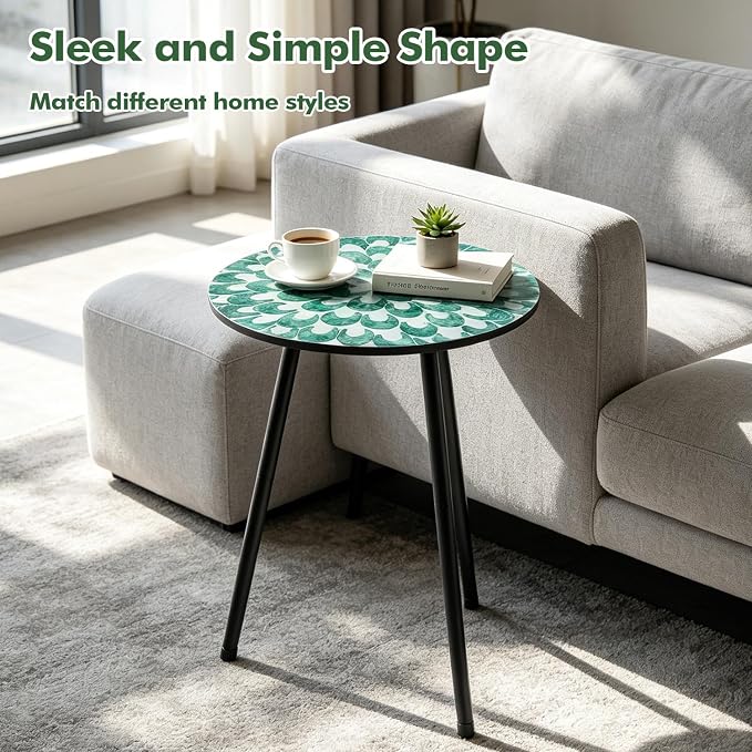 2 Pack Metal Mosaic Round Side Tables 13.4" Small Outdoor Patio Round Accent Coffee Tables Indoor Corner Stand for Small Spaces Weather-Resistant for Balcony Plant Stands Indoor, Green Floral Mandala