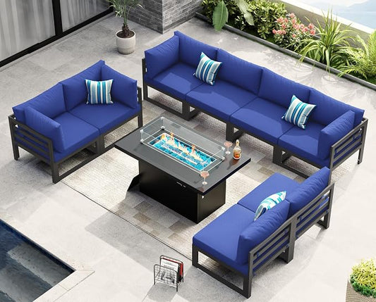 NICESOUL 9 Piece Large Modern Aluminum Outdoor Patio Furniture Set with Fire Pit Table Propane/Gas, 29" Wide Deep Seating, No Rust Sectional Sofa, 500 lbs Sturdy Backyard Conversation Set, Navy Blue