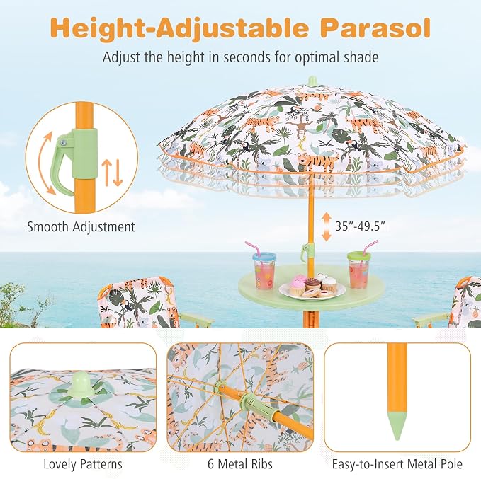 KOTEK Kids Picnic Table with Umbrella, Outdoor Table & 2 Folding Chairs, Cute Pattern Children’s Patio Furniture, Portable Kids Table and Chair Set for Backyard, Garden, Beach (Yellow Tiger)