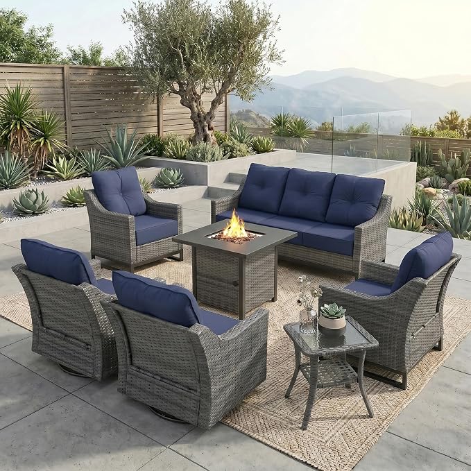 7 Piece Patio Furniture Set With Fire Pit , 360° Swivel Patio Chairs Set of 2,Cozy 60,000 BTU Square Fire Pit Table,2 Wicker Chairs,Sofa,Outdoor Side Table,All-Weather Wicker Patio Sets For Outdoor