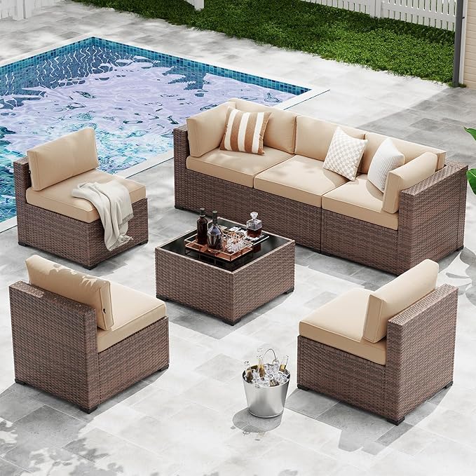 LazySunsets 7-Piece Patio Furniture Set, Wicker Rattan Outdoor Furniture with Thick Cushions, Patio Conversation Sets with Coffee Table, Outdoor Sectional Couch Sofa with Waterproof Cover, Beige