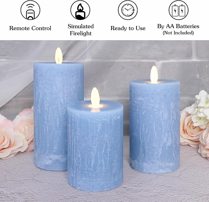 Rustic Blue Flameless Candles with Remote Control & Timer Real Wax Ocean Pillar LED Candles Rough Texture Design Battery Candles for Home Party Nautical Wedding Christmas Valentine's Day Decor