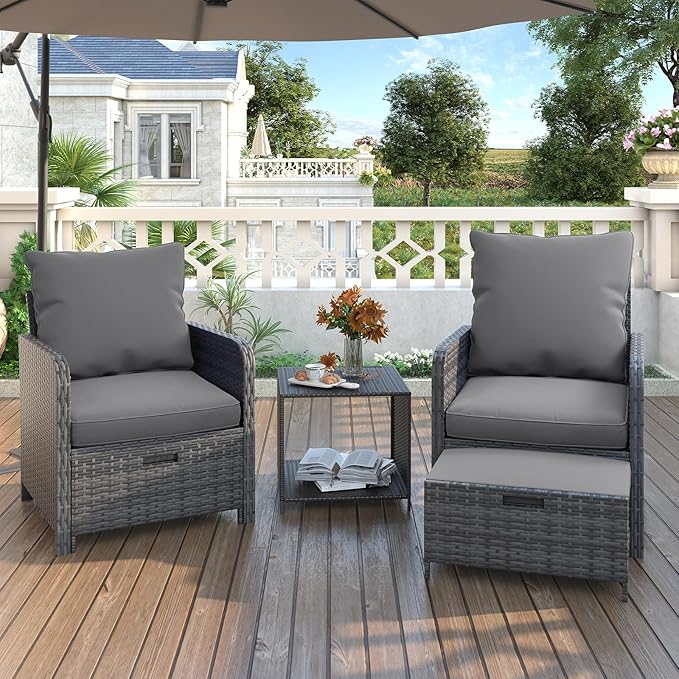 UDPATIO Patio Chairs with Hiddern Ottoman Balcony Furniture Small Space, Wicker Outdoor Patio Furniture with Side Table for Deck, Porch