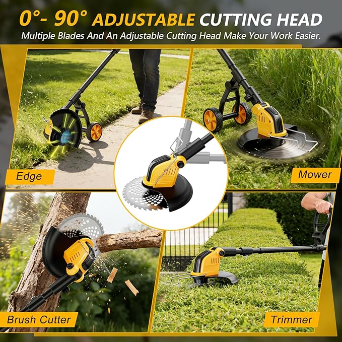 20000RPM Electric Weed Wacker Battery Powered 6000mAh, 800W Brushless Weed Eater with Wheels, 4-in-1 Brush Cutter/String Trimmer/Grass Trimmer/Edger Tool,Stringless Weed Trimmer Metal Blade,2 Battery