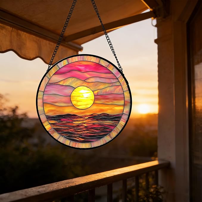 DASTOLL Stained Glass Window Hanging, Sunrise Sea Surface Sun Catchers Diamond Glass Panel Hangings Abstract Suncatcher Decor for Birthday for Women, Men, Wife, Aunt, and Mom 9.8 in