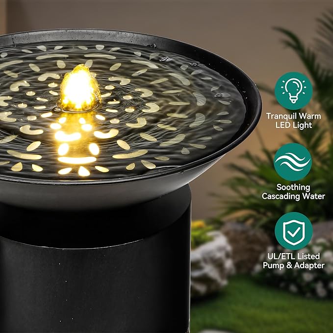 32" H Metal Cutout Outdoor Fountain with Charming Lights & Shadow, Modern Geometric Pedestal Birdbath Water Fountain, Relaxing Water Feature for Garden Patio Yard Front Door Décor, Black