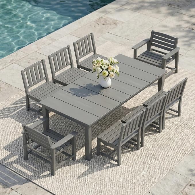 Kingdura 9 Piece Patio Dining Set for 8, 75.2'' HDPE Outdoor Dining Table Set with 2" Umbrella Hole, Weather-Resistant Outdoor Furniture, Table and Chairs Set for Backyard Pool Garden, Grey