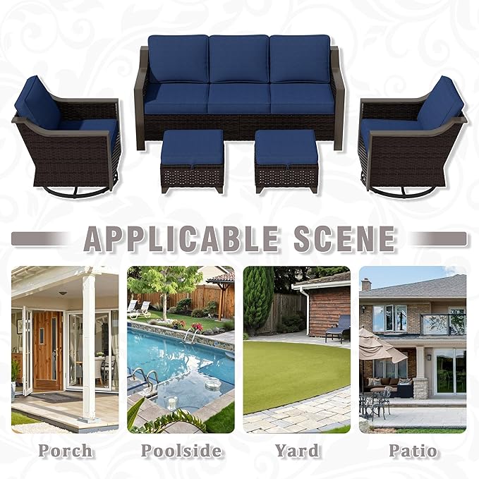 5 Piece Wicker Patio Conversation Set, All-Weather Use Outdoor 2 PE Rattan Swivel Chair, 2 Ottoman, 1 Patio Sofa, Removable Water-Resistant Cushion, Ideal for Porch, Backyard, Balcony, Poolside, Blue