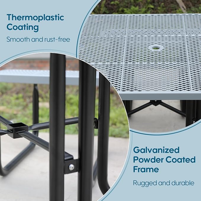 46" Square Picnic Tables for Outdoors,Commercial Metal Picnic Table Bench Set W/ Umbrella Hole,Restaurant School Canteen Tables W/Seats - Heavy Duty Sturdy Picnic Tables for Patio Garden Coffee Shop