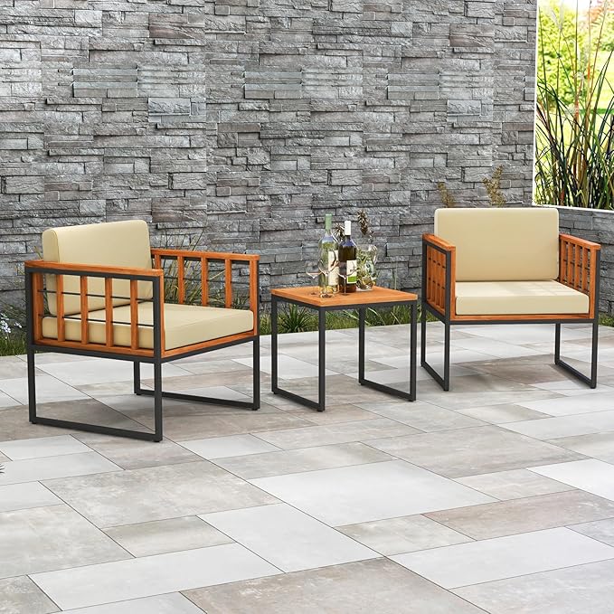 Tangkula 3 Pieces Patio Chair Set, Acacia Wood Outdoor Sofa Set with Metal Support, Soft Seat & Back Cushions Included, Cushioned Bistro Set for Balcony, Porch, Backyard (Beige)