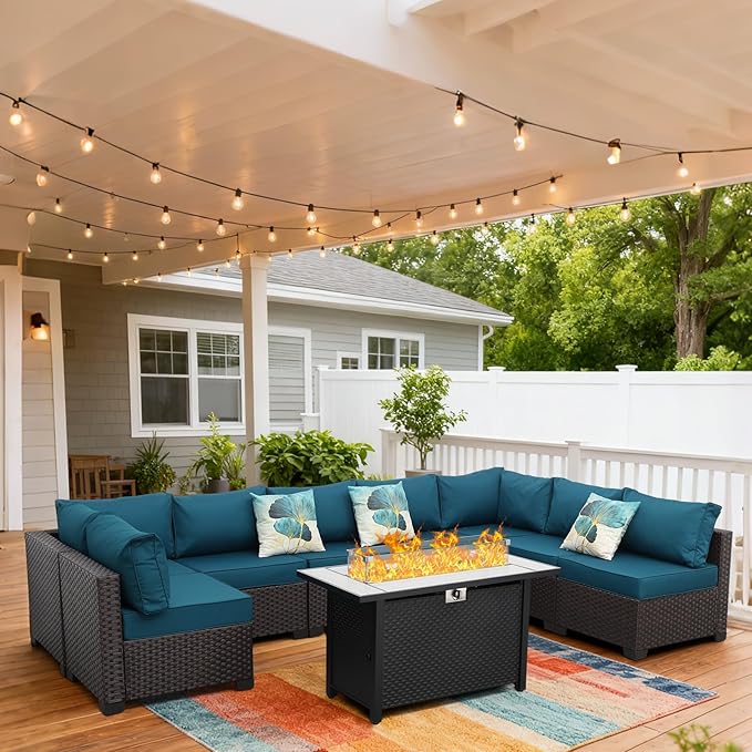 9 Pieces Wicker Patio Furniture Set Outdoor PE Rattan Sectional Conversation Sofa Set with Peacock Blue Cushions and 45 Gas fire Pit Table