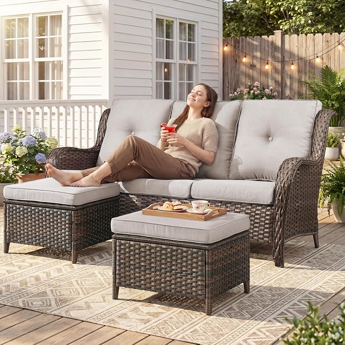 Belord 3-Piece PE Wicker Outdoor Sofa with 2 Ottomans, Luxury Patio Couch Convertible to Chaise Lounge, All-Weather High Back Deep Seat Woven Furniture for Deck, Porch - Brown/Beige