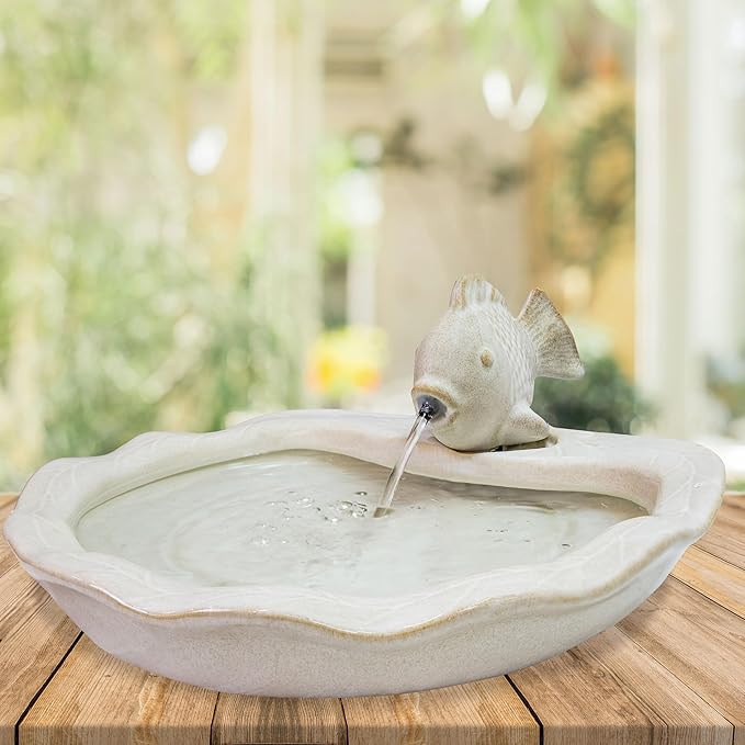 Sunnydaze Glazed Ceramic Fish 7-Inch Outdoor Garden Fountain - Outdoor Tabletop Fountain for Patio, Deck, Garden - White