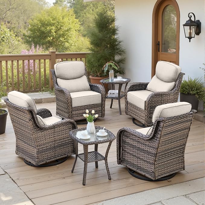 Belord Luxury 6" Thick Cushioned Outdoor Swivel Rocker Patio Chairs Set of 4 with Side Table, High Back Wicker Furniture Set with Ergonomic Zone Back, Conversation Set for Deck Porch - Grey+Beige