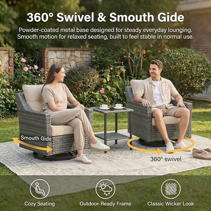 2-Piece Outdoor Patio Furniture Set, Grey Wicker Conversation Set with 2 Swivel Chairs, 6-Inch Beige Olefin Cushions for Porch, Deck, Balcony