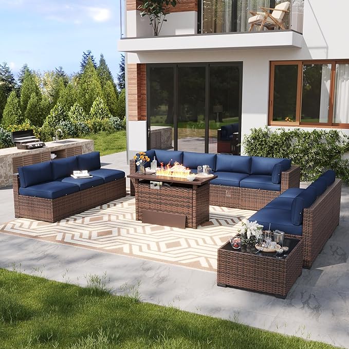 LazySunsets 12 Piece Outdoor Patio Furniture Set with 44'' Fire Pit Table, Outdoor Patio Furniture Sets with Waterproof Cover and 4'' Cushion, Wicker Rattan Outdoor Conversation Set for Backyard, Blue