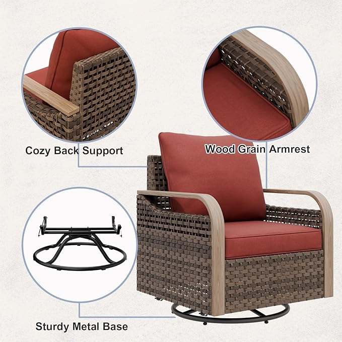 COOS BAY Modern Wicker Outdoor Furniture Set, 5 Piece Patio Conversation Set with 2 Swivel Rockers, a Loveseat, Coffee Table and Side Table, 5 Piece, Brown/Red