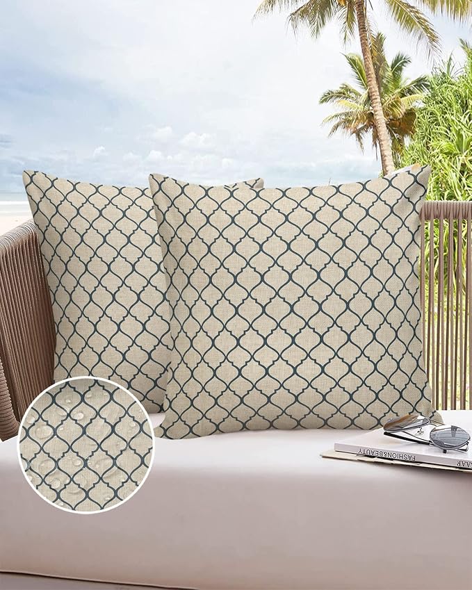 Dark Blue Moroccan Outdoor Pillow Shams Set of 2, Decorative Pillowcases Cushion Case, Soft Throw Pillow Covers Waterproof Pillow Case 20x20 Inch, Geometric Graphics Rustic Style