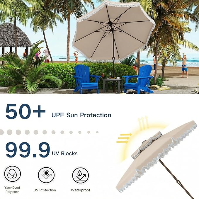 Patiokingdom 9FT Patio Umbrella with Fringe,Tassel Umbrella UPF 50+ & Push-Button Tilt,Rust-Resistant Fiberglass Frame for Pool,Garden,Backyard,Yard (Beige)