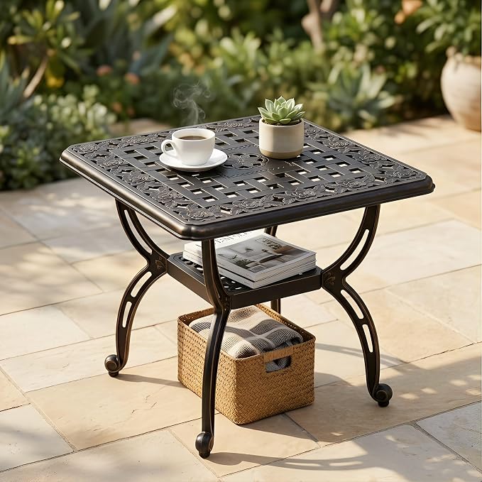 Square Outdoor Coffee Table, Cast Aluminum Side Table with Storage,Indoor End Table, All-Weather Bistro Table for Patio Garden Lawn,Bronze