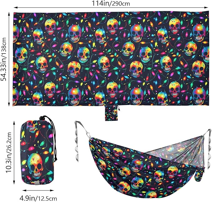 Camping Hammock Outdoor Hammocks for Outside Neon Skulls Beach Trees Portable Lightweight with Pockets Tree Straps Indoor