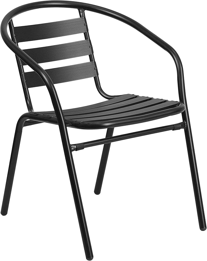 Flash Furniture Lila 7-Piece Glass Patio Table and Chairs Set, Outdoor Patio Dining Set with Rectangular Table and 6 Slat Back Patio Chairs, Black