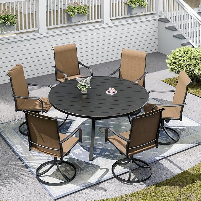 Patio Table and Chairs Set for 6 Person,54" Round Steel Slat Outdoor Table with 6 Breathable Textilene Swivel Chairs for Deck/Backyard/Poolside/Garden