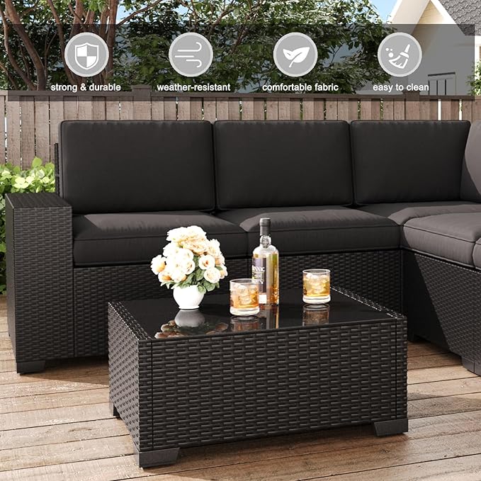 LayinSun 6 Pieces Patio Furniture Set, Black Rattan Modular Sectional Outdoor Conversation Sofa Set