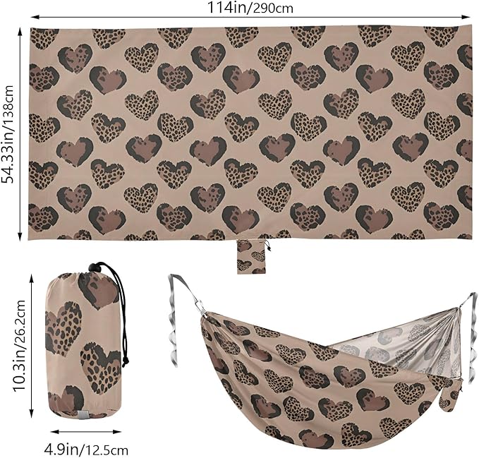 Camping Hammock Outdoor Hammocks for Outside Brown Heart Leopard Beach Trees Portable Lightweight with Pockets Tree Straps Indoor
