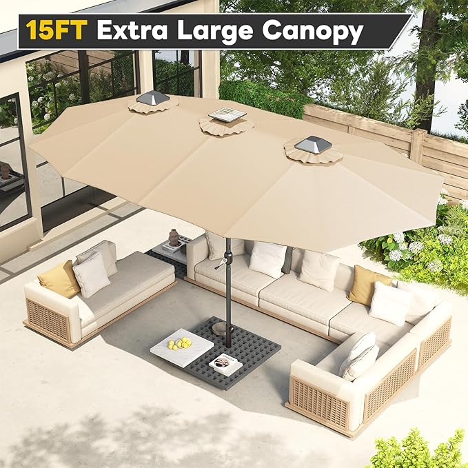 AECOJOY 15ft Patio Umbrella with Solar Lights, Large Patio Umbrella with Crank Handle and 156 PCS LED Lights, Double Umbrella Outdoor Patio Rectangular Market Umbrella for Backyard Deck Pool in Tan(1.9" Pole)