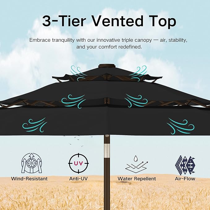 Kingdura 9ft 3-Tier Patio Umbrella with Solar Lights, Table Umbrella Outdoor Patio with Easy Crank & Tilt, 8 Sturdy Ribs, UV Protection, 32 LED Lights for Deck, Poolside, Market (Black)
