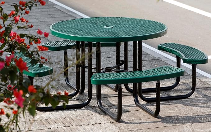 46'' Round Metal Picnic Table for Outdoors, Commercial Steel Metal Picnic Tables, Heavy Duty Sturdy Picnic Tables Furniture Set for Patio Garden Courtyard BBQ, with Umbrella Hole, Green