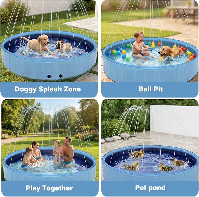 Eooqi Foldable Dog Pool with Sprinkler, 63 Inch Extra Large Thickened Splash Pool, 2-in-1 Outdoor Summer Water Play Toy, Non-Slip Hard-Side Kiddie Pool for Backyard Dogs, Kids & Pets (Blue, 63''-2XL)