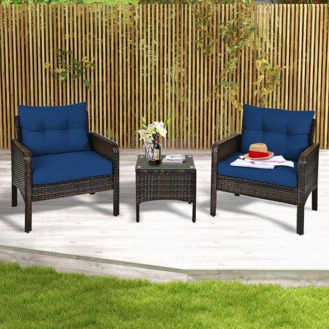 ORALNER 3-Piece Patio Conversation Set, All-Weather Wicker Sofa Chair and Coffee Table Set with Thick Cushions, Outdoor Furniture, Rattan Bistro Set for Balcony Deck Porch Poolside Garden (Navy Blue)
