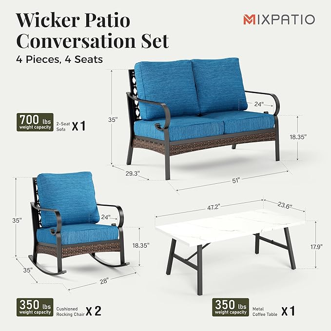 Patio Furniture Set with Fire Pit Table, 4 PCS Metal Outdoor Conversation Set with 5.75'' Extra Thick Cushion, 2 Rocking Chairs, Loveseat Sofa and Gas Fire Pit Table, Pacific Blue