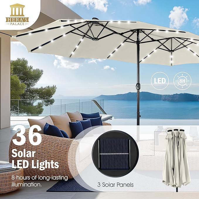 HERA'S PALACE 15ft Patio Umbrella with Base Included Double Sided Outdoor Umbrella for Patio Table Umbrella Outdoor 36 LED Solar Lights for Garden