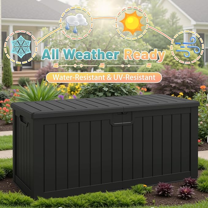 Patiowell 240 Gallon Large Outdoor Storage Box, Waterproof Deck Box with Fixed Divider, Lockable and Durable Patio Storage Solution for Patio Furniture and Garden Tools (Black)