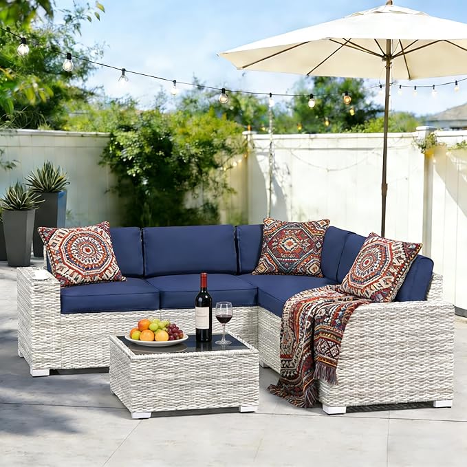 6 Pieces Wide Armrest Patio Furniture Set, Rattan Sectional Furniture with Thickened Cushions, Outdoor Patio Conversation Sets for Backyard, Poolside, Garden, Off-White & Navy Blue, Set of 6