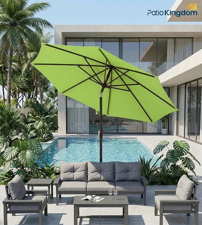 PatioKingdom 9FT Patio Outdoor Umbrella-UPF 50+ Sun Shade with Wind Vent, Push-Button Tilt & Smooth Crank Lift, Rust-Resistant Fiberglass Frame for Garden, Backyard,Yard (Apple Green)