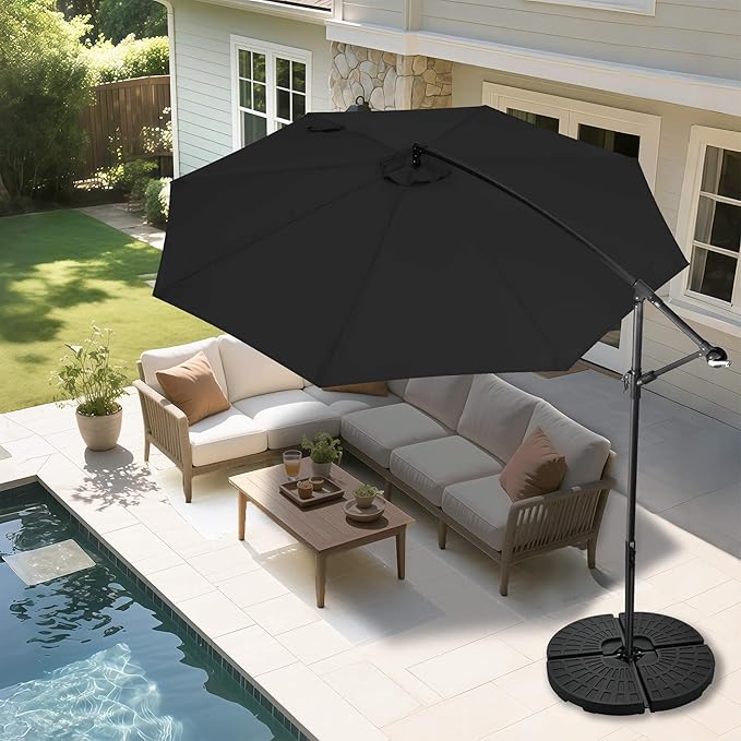 FLAME&SHADE 10ft Cantilever Patio Umbrella Outdoor, Large Offset Umbrella with Crank and Cross Base, UPF 50+ UV Protection Hanging Umbrella for Pool Deck Garden, Black