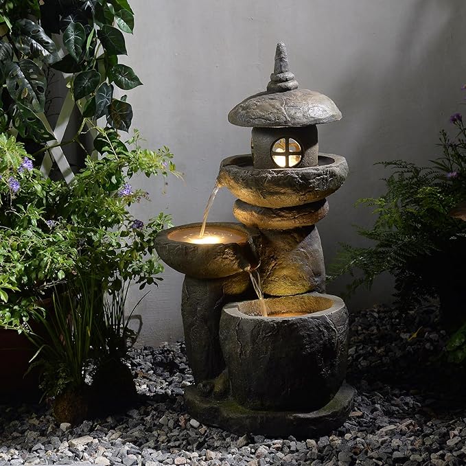 Tankana 32" H Garden Water Fountain, Pagoda Zen Japanese 3-Tier Cascading Bowl Waterfall with LED Lights Bronze Finish Outdoor Fountain for Patio, Yard and Home Decor
