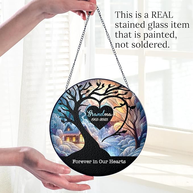 Personalized Memorial Stained Glass Suncatcher - Forever in Our Hearts Christmas Ornament - in Loving Memory Gift for Loss of Loved One - Sympathy Keepsake from Family