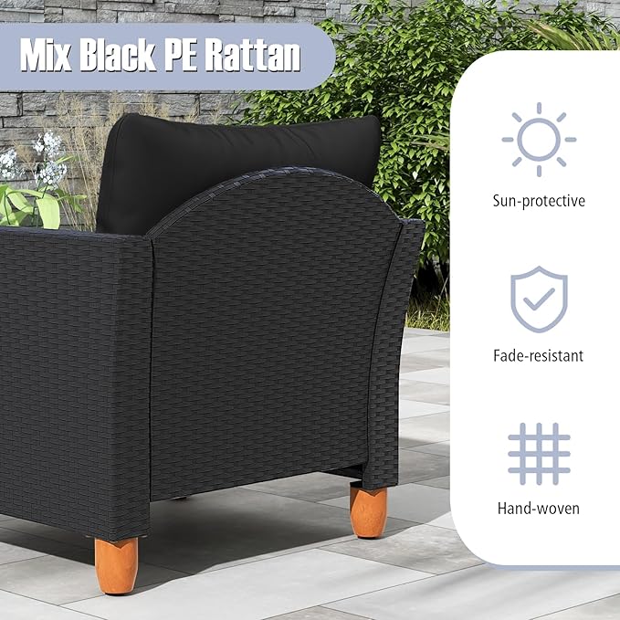 Tangkula 3 Pieces Patio Porch Furniture Set, PE Rattan Wicker Chair Conversation Set with Cushions and Storage Table, Outdoor Acacia Wood Bistro Set for Garden, Poolside (Black)