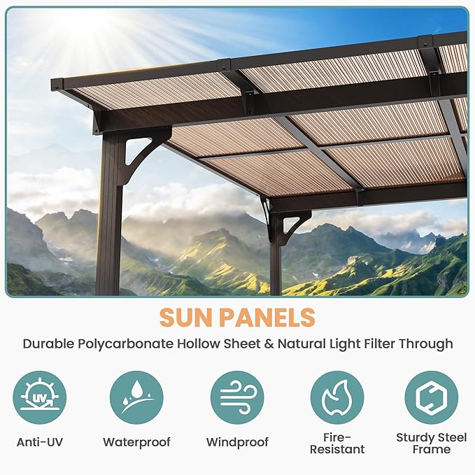 Pamapic 10x20FT Wall Mounted Gazebo, Hardtop Lean to Gazebo with Aluminum Frame & UV Resistant Polycarbonate Roof, Outdoor Patio Awning for Deck, Porch, Lawn & Backyard