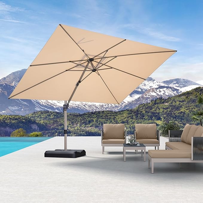 PURPLE LEAF 9' X 11' Patio Umbrella, Rectangle Outdoor Cantilever Umbrella, Aluminum Offset Umbrella with Champagne Frame and 360° Rotation for Pool Deck Garden, Beige
