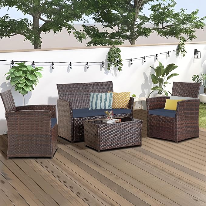 FHFO 4 Piece Outdoor Patio Furniture Sets, Patio Sectional Furniture Conversation Sofa Set, Rattan Table and Chairs and Loveseat with Cushions for Outside Balcony Porch Backyard (Brown-Blue)