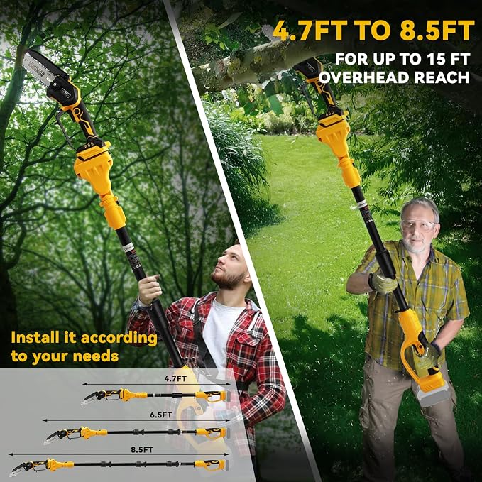 6 Inch Brushless Pole Saw for Dewalt 20V Max Battery (No Battery), Professional Electric Chainsaw with Extension Pole, 15Ft Long Reach for Tree Pruning Hedge Cutting