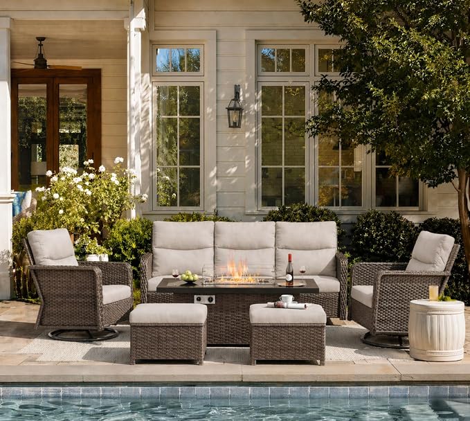 Yechen Patio Furniture Set 6 Peices with 44" Propane Gas Fire Pit Table -2 Wicker Swivel Rocking Chair, Outdoor Sectional Furniture Set with-4.3'' Cushion Conversation Sofa Set for Porch,Backyard